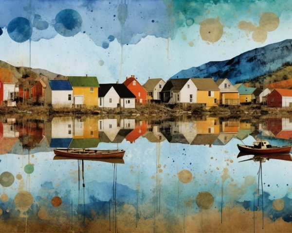 Vibrant Watercolor of Colorful Houses by a Lake
