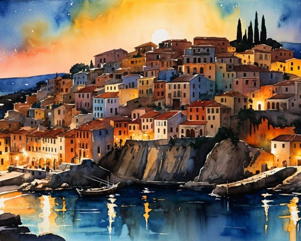 Picturesque Coastal Village at Sunset with Vibrant Colors