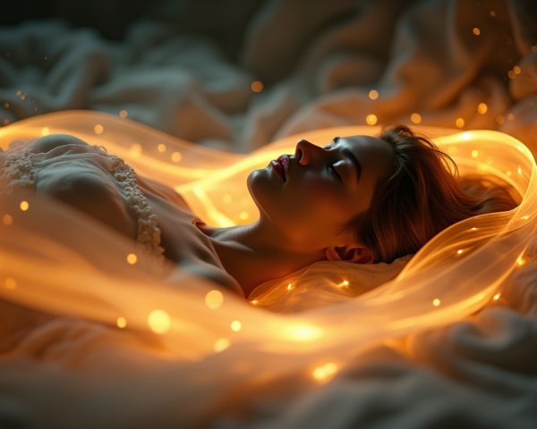 Serene scene of a woman in peaceful repose with lights