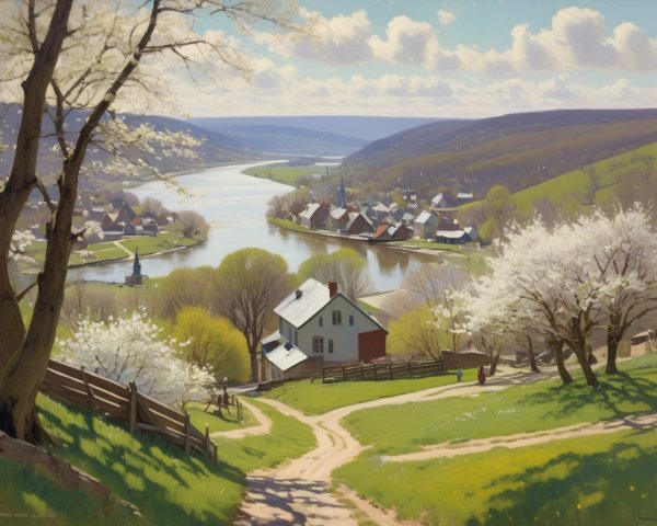 Serene River Landscape with Lush Green Hills and Houses