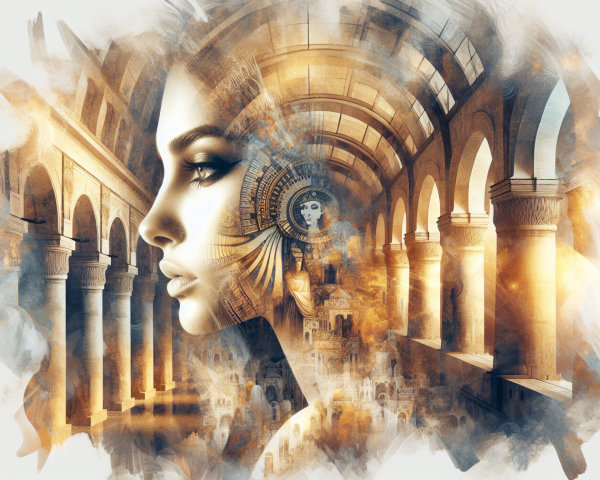 Artwork Blending Woman's Profile with Ancient Ruins
