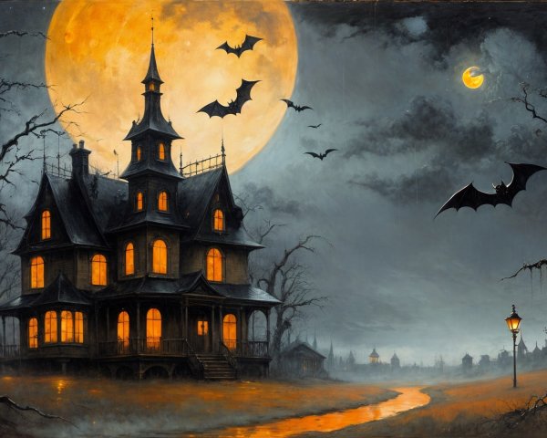 Victorian Mansion Under Full Moon with Glowing Windows