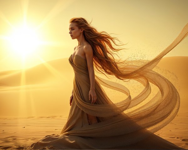 Elegant Woman in Desert at Sunset in Flowing Dress