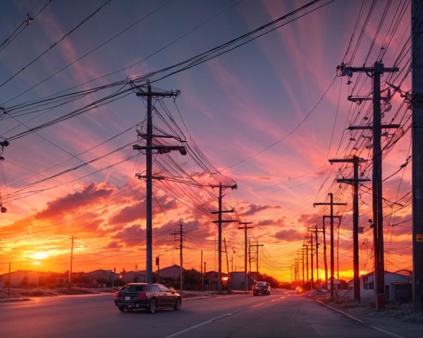 Vibrant Sunset Over Suburban Landscape with Power Lines