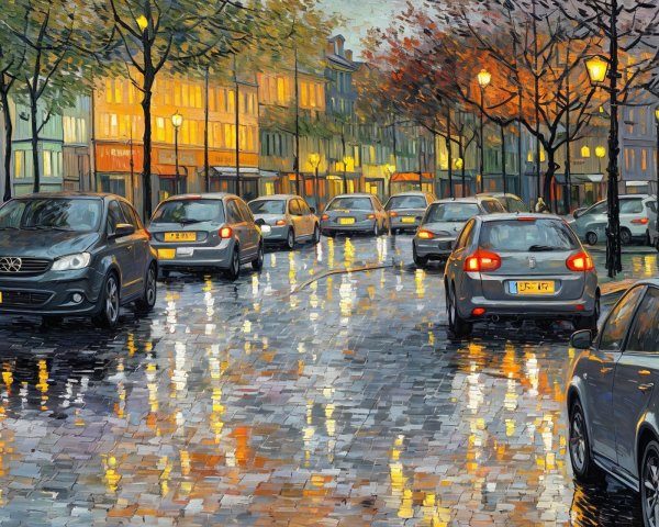 Twilight City Street Scene with Autumn Colors