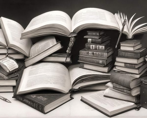 Monochromatic High-Angle View of Old Books and Inkwell