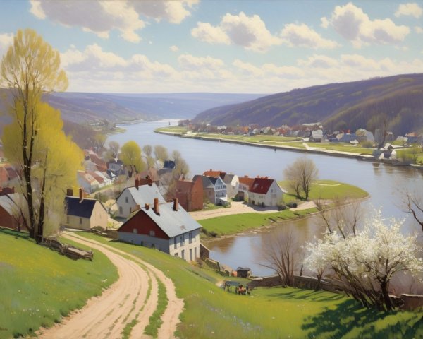 Serene Landscape with Winding River and Lush Hills