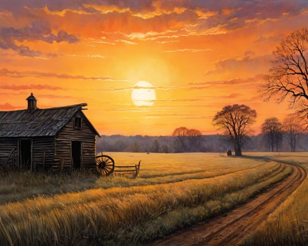 Rustic Cabin at Sunset with Vibrant Sky and Trees