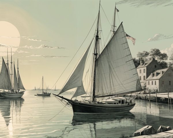 Sailboats on Calm Waters at Sunset with Shoreline Buildings