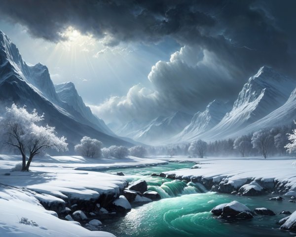 Winter Landscape with Snowy Mountains and Turquoise River
