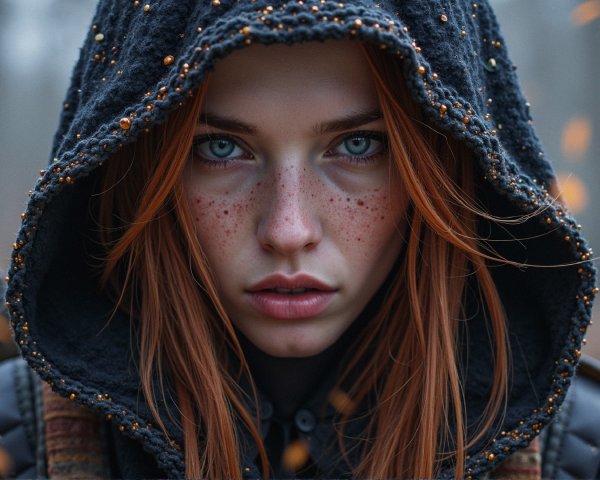 Young woman with red hair in a misty forest setting