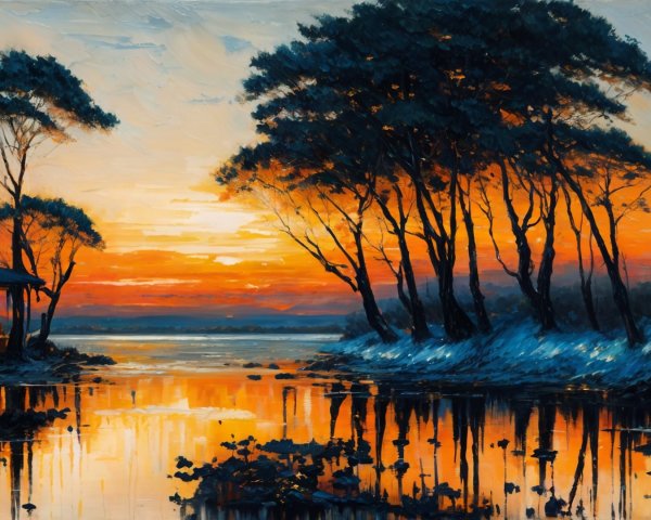 Tranquil Sunset Over Calm Waterway with Silhouetted Trees