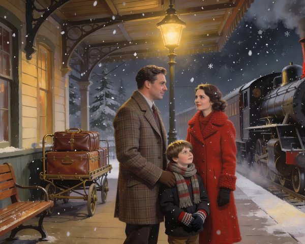 Family on a Snowy Train Platform on Christmas Eve