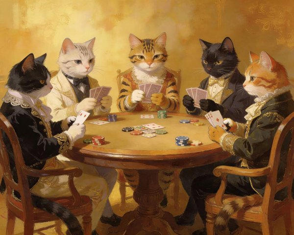 Oil Painting of Cats Playing Cards at a Table