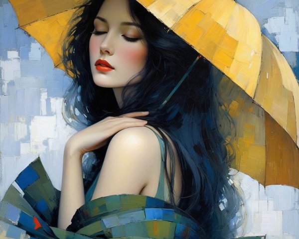 Serene Woman with Yellow Umbrella in Pastel Setting
