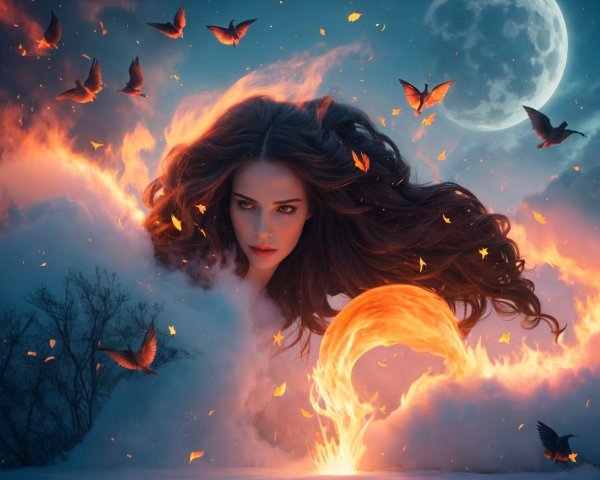 Ethereal Woman in Flames and Clouds Under Full Moon