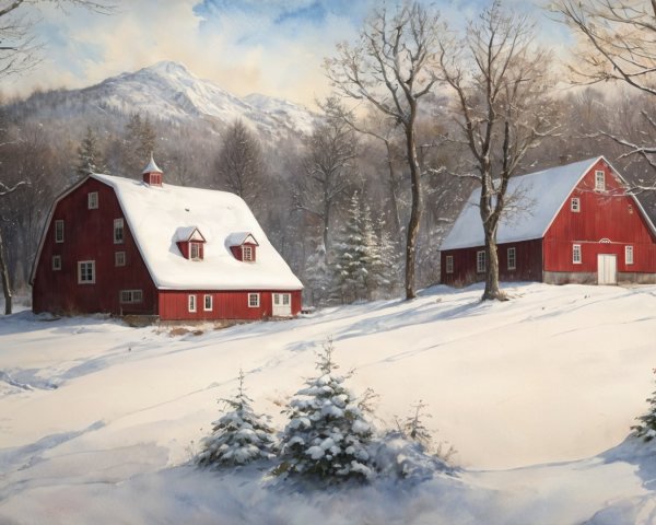 Winter Landscape with Red Barns and Snowy Mountains
