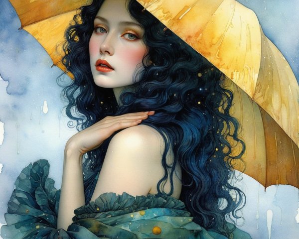 Whimsical Watercolor of Woman with Yellow Umbrella