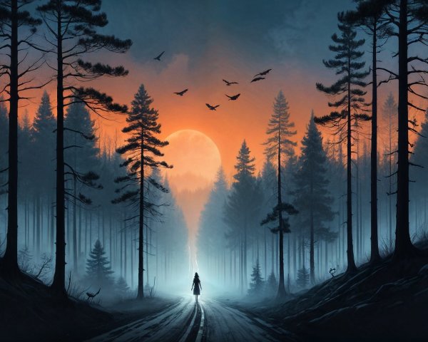 Mysterious Figure on Foggy Forest Path at Night