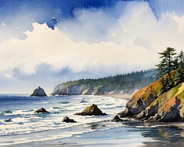 Watercolor Coastal Scene with Waves and Cliffs