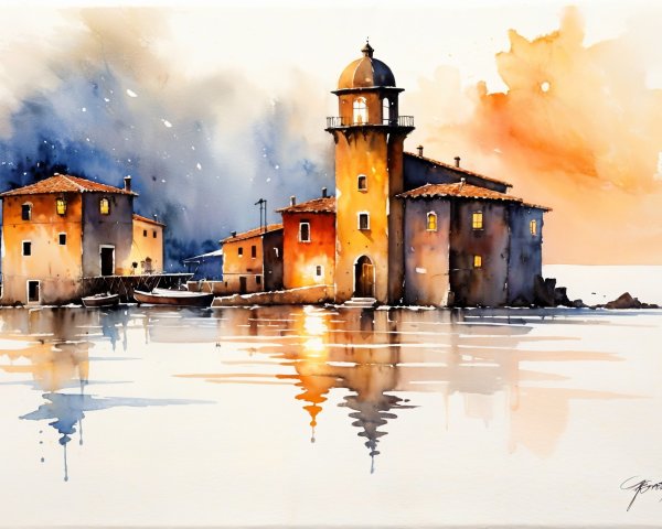Watercolor Coastal Scene with Sunset and Silhouetted Boats