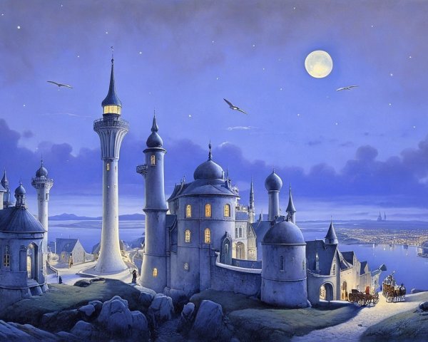 Whimsical Fantasy Town by Water Under Full Moon