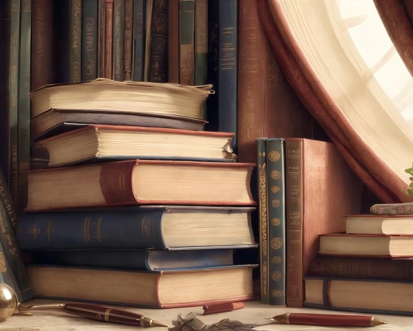 Antique books and decorative items on a wooden desk