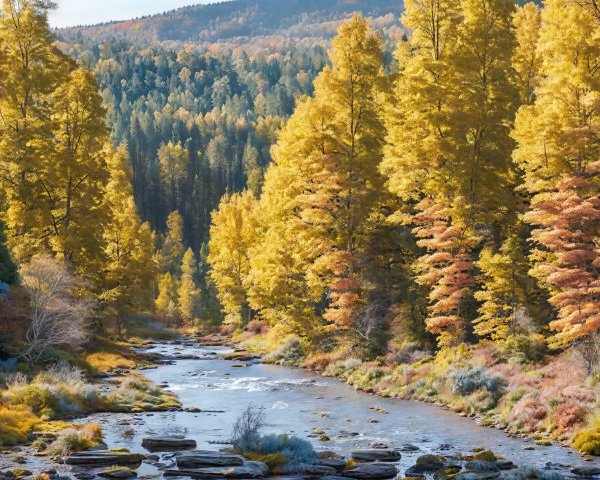Autumn River Landscape with Colorful Foliage and Rocks
