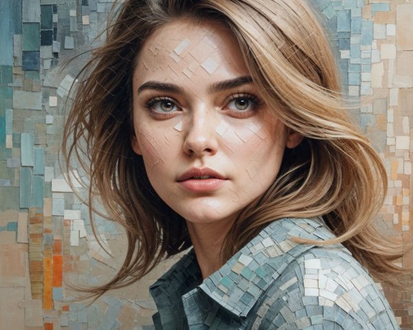 Young Woman with Mosaic Tiles and Textured Background