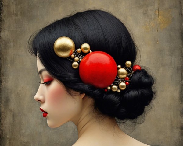 Elegant Woman with Black Hair and Gold Accessories