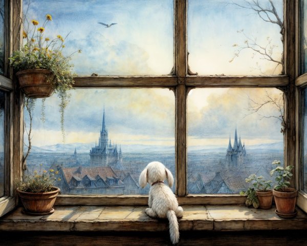 Cozy Interior with Dog and Scenic Landscape View