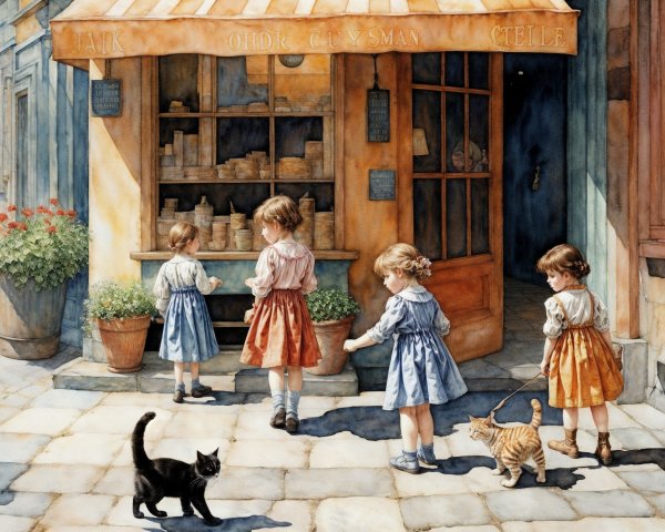 Village Scene with Girls and Cats in Colorful Dresses
