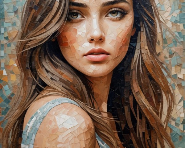 Mosaic Portrait of a Young Woman with Wavy Hair