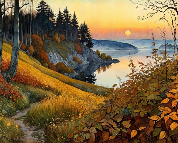 Tranquil Sunset Landscape with River and Autumn Foliage