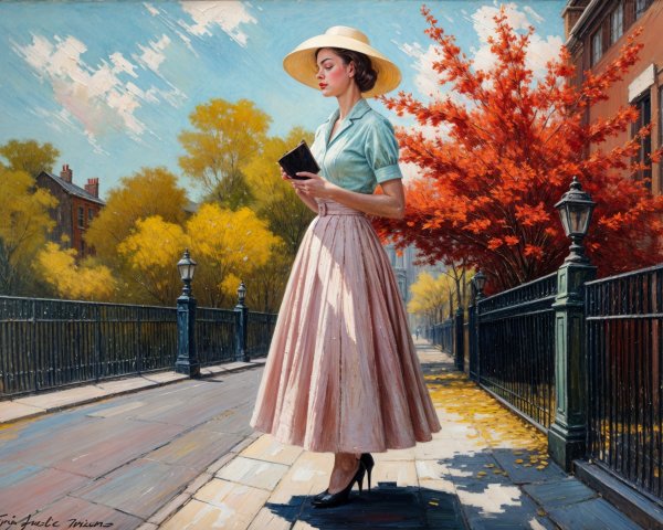 Elegant Woman in Blue Blouse on Sunlit Sidewalk