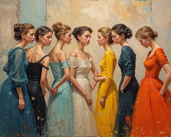 Elegant Women in Unique Gowns Against Textured Backdrop