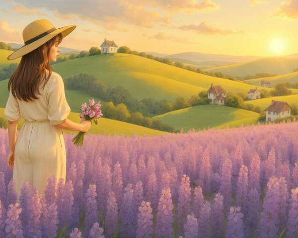 Woman in Hat in Lavender Field at Sunset