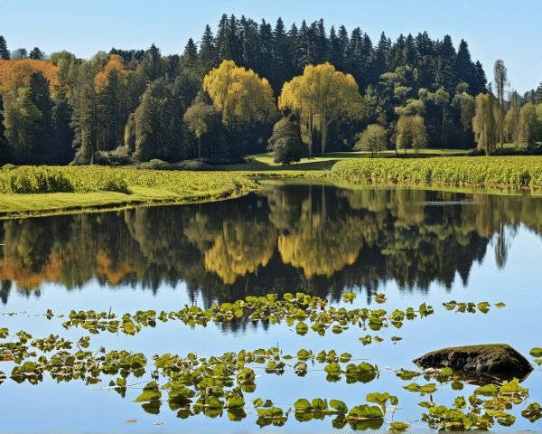 Serene landscape with autumn trees and calm river