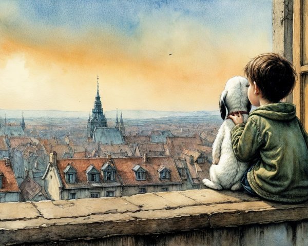 Boy and Dog on Windowsill Overlooking Sunset Cityscape
