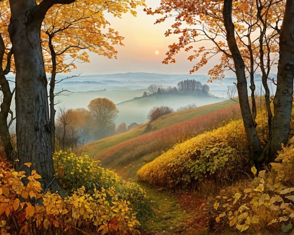 Serene Autumn Landscape with Golden Leaves and Misty Hills