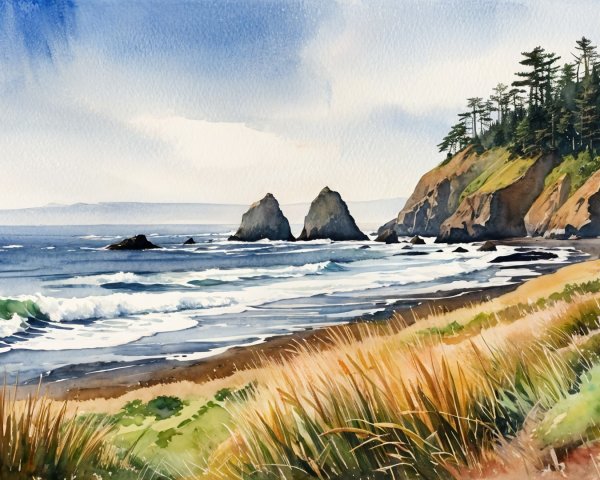 Serene Coastal Landscape with Gentle Shoreline and Waves