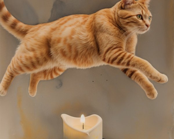 Ginger Cat Leaping with Candle on Dark Plate