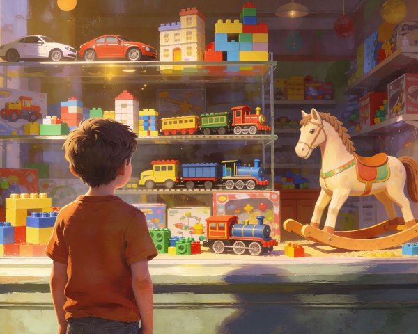 Small boy observing colorful toys in store window