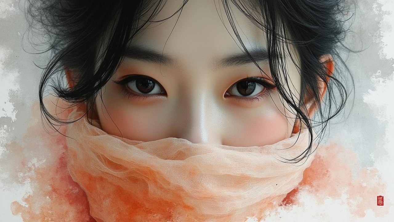 Close-up of a young woman with dark eyes and scarf