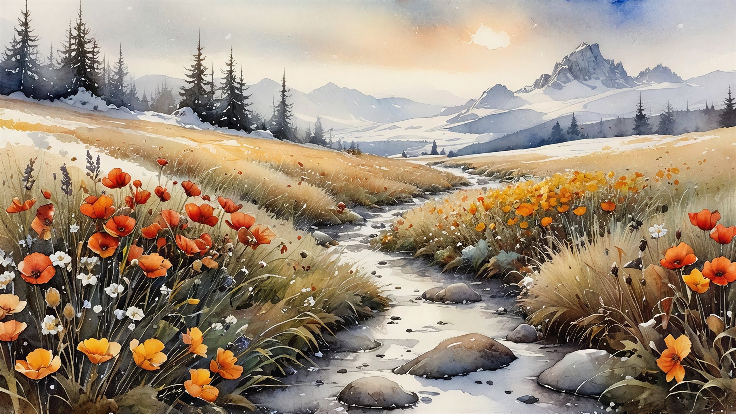 Serene Mountain Landscape with Spring Blooms and Stream