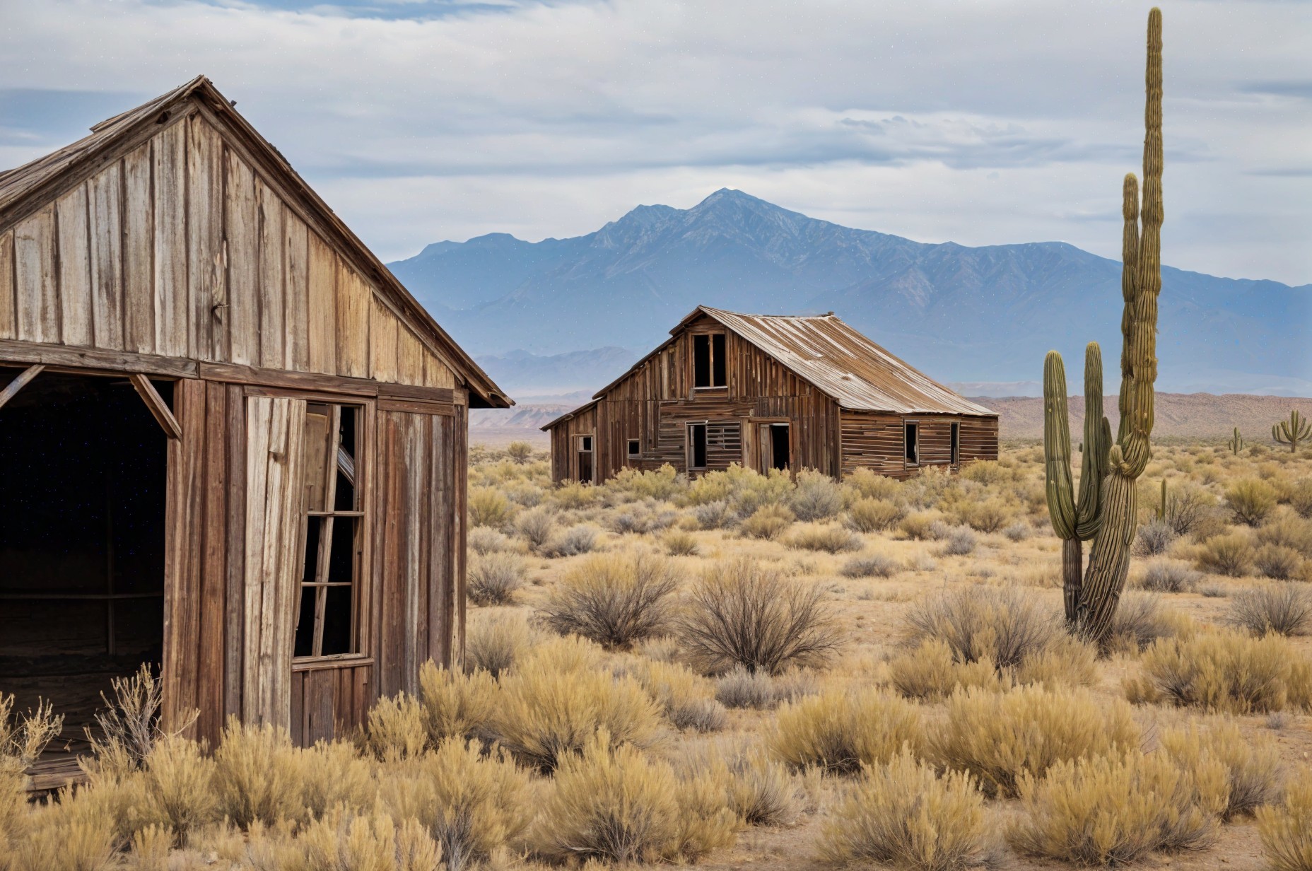 Dilapidated Wooden Buildings in Arid Mountain Landscape