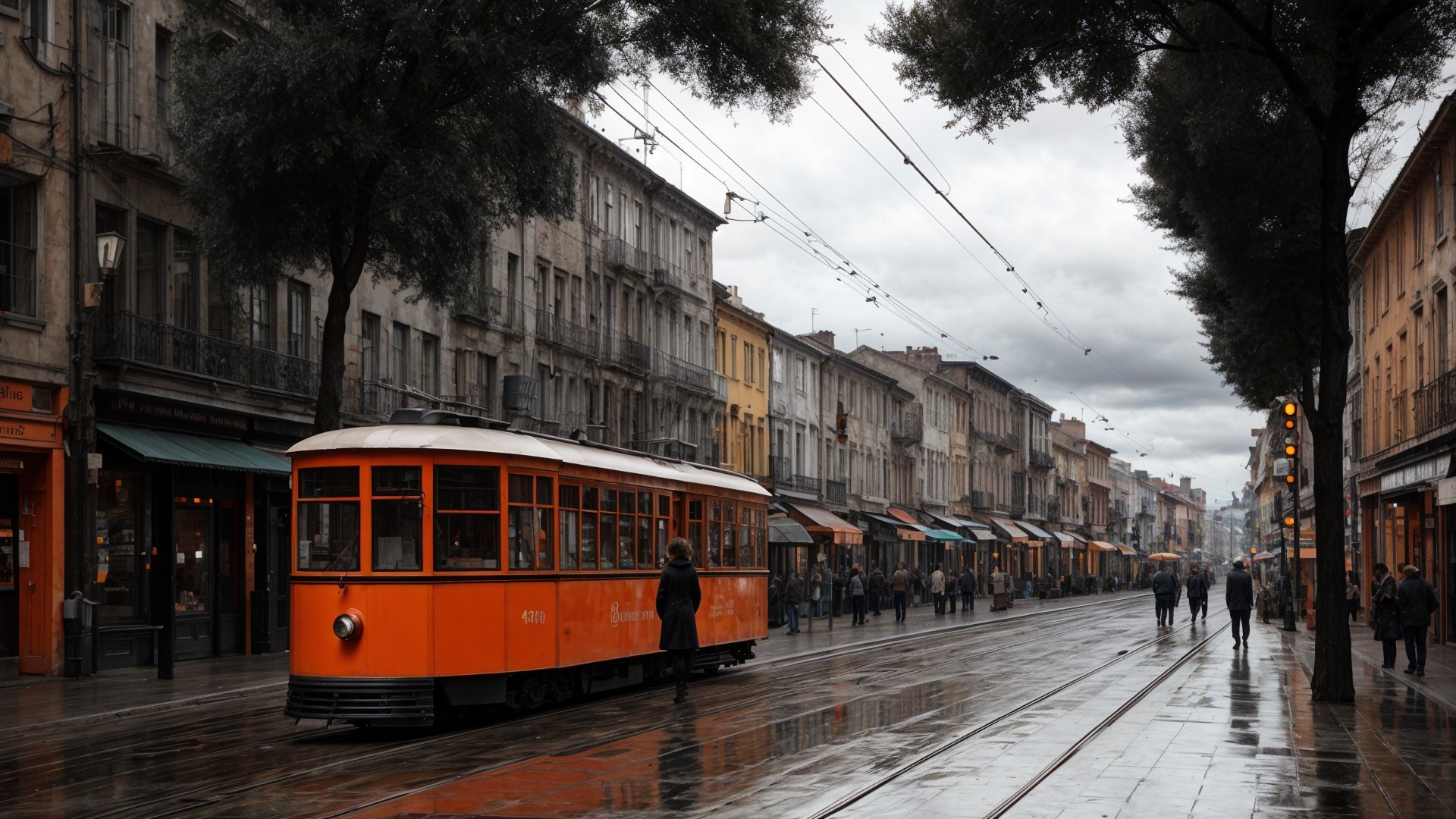 Vibrant Tram on Cobblestone Street with Historic Buildings