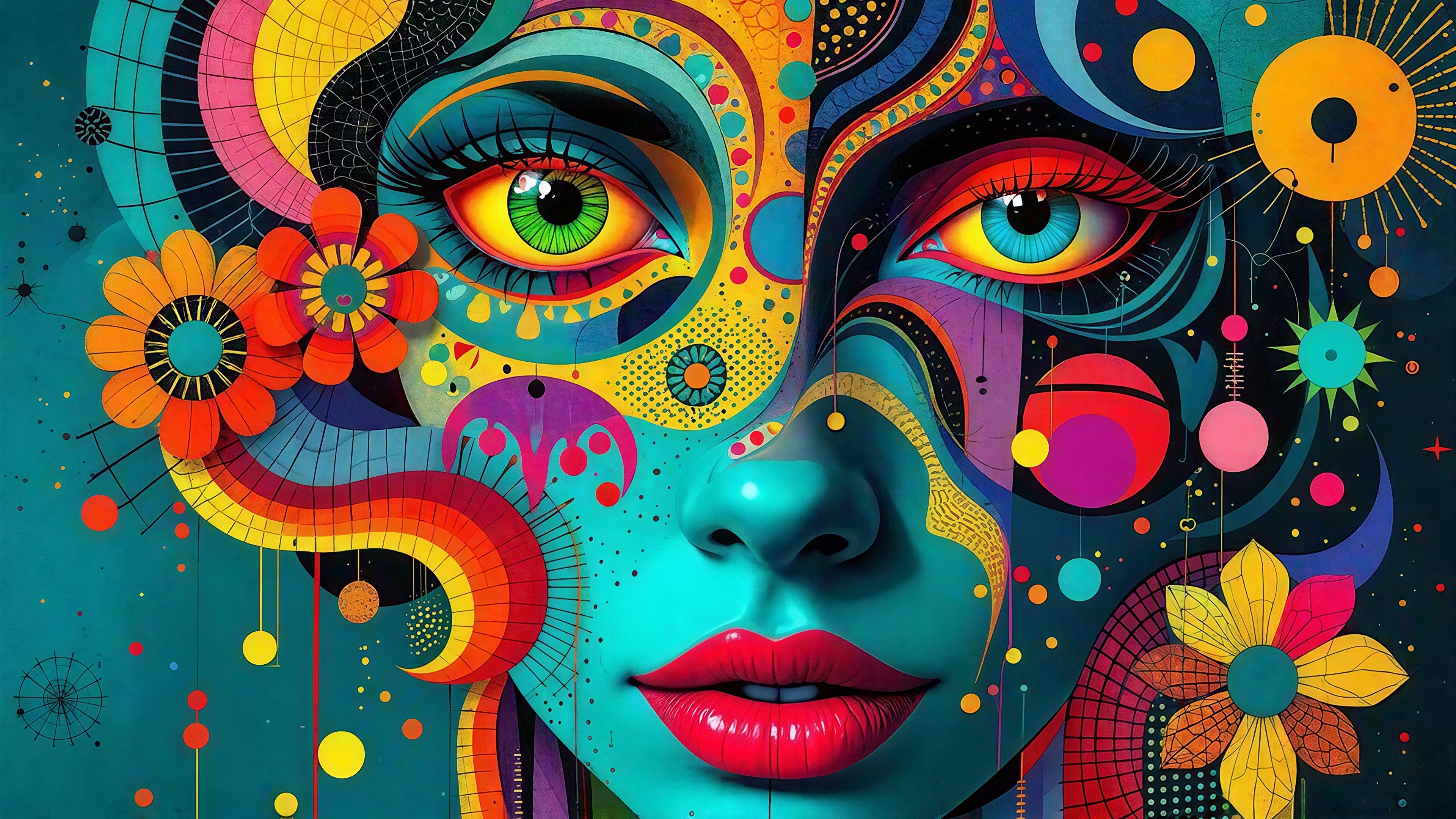 Surreal Psychedelic Woman's Face with Vibrant Colors