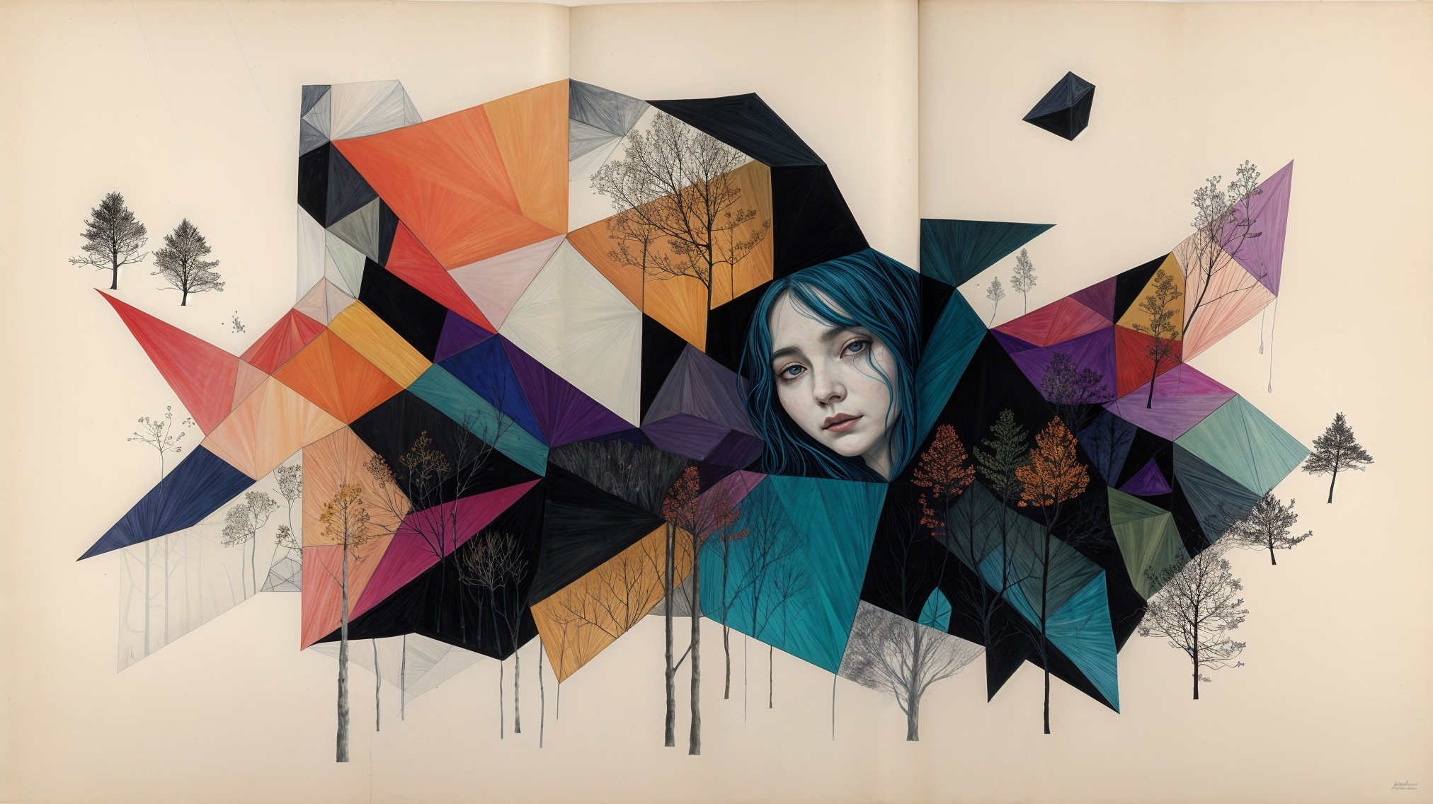 Abstract Geometric Shapes with Portrait and Tree Silhouettes