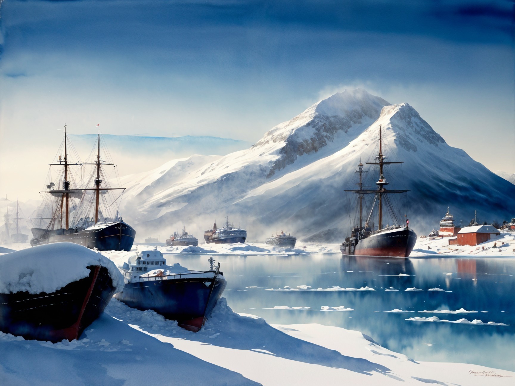 Tranquil Icy Harbor with Snow-Capped Mountains